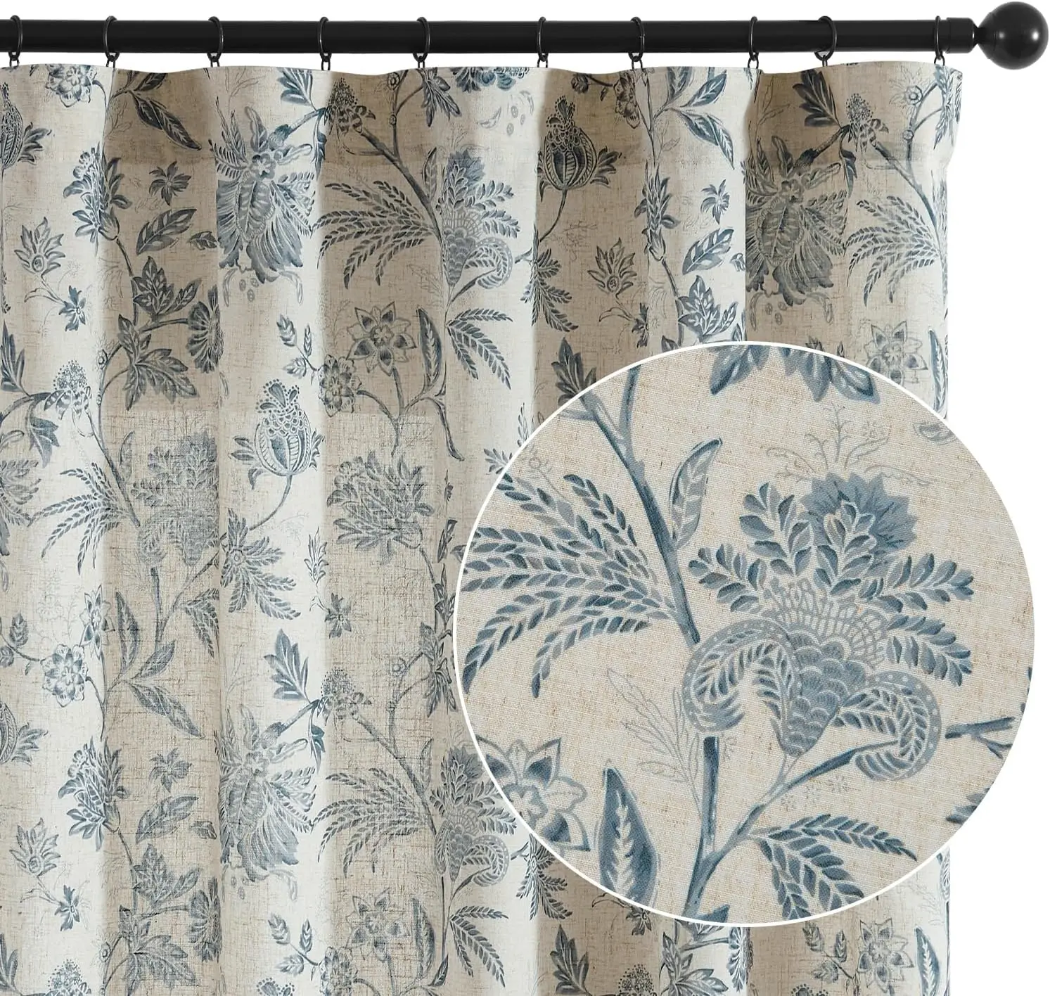 

Linen Floral Curtains for Living Room with Printed Flower 108 Inches Long Light Filtering Back Tab Rod Pocket Blue Window