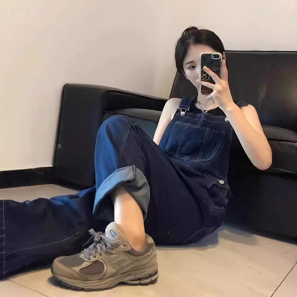 

Women's Denim Strap Pants 2026 New Spring Autumn Design Sense Large Pocket Loose Wide Leg Pants Versatile Baggy Jeans