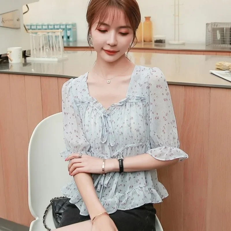 Female Tops with Puffy Sleeves Chiffon Women\'s Shirt and Blouse Sexy Yellow Tall Clothing Trend 2024 Cool Korean Popular Clothes