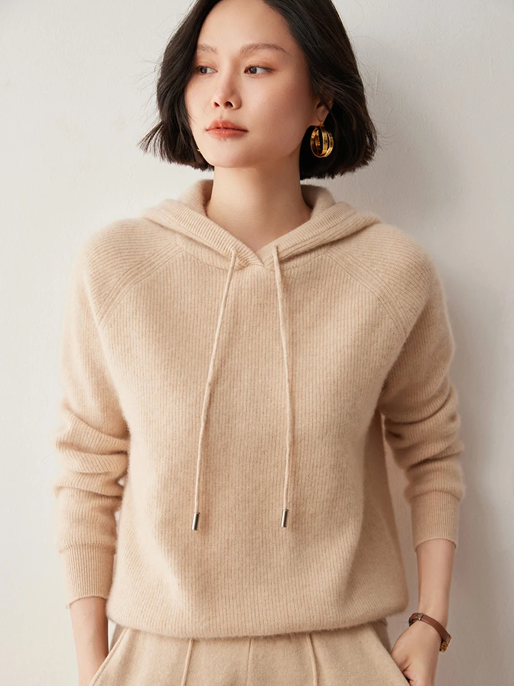 

Women's Pure Cashmere Hooded Sweater Autumn Winter Thick Warm Pullover Knitwear O-Neck Comfort Solid Basic Long Sleeve Tops