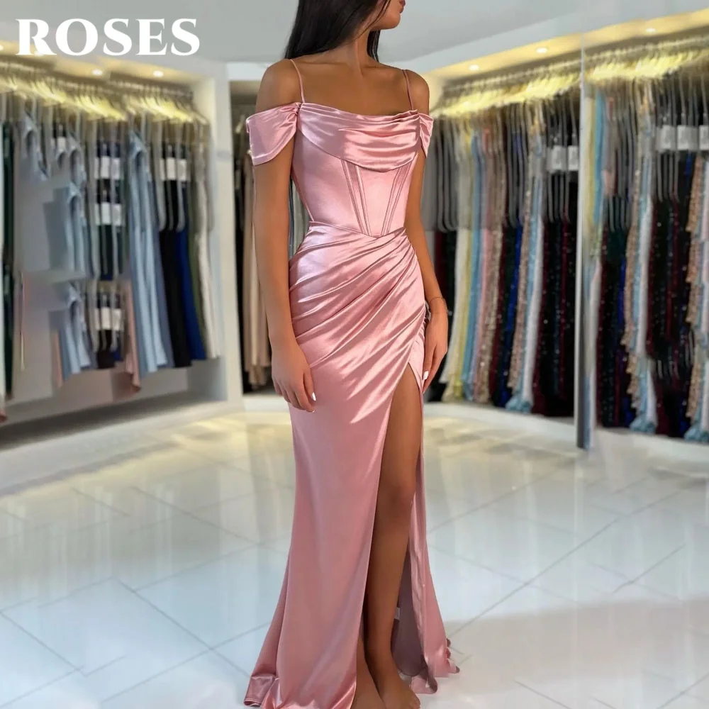 

ROSES Misty Rose Evening Dress Off Shoulder Satin Prom Gown Mermaid High Split Party Dress فساتين السهرة Customized