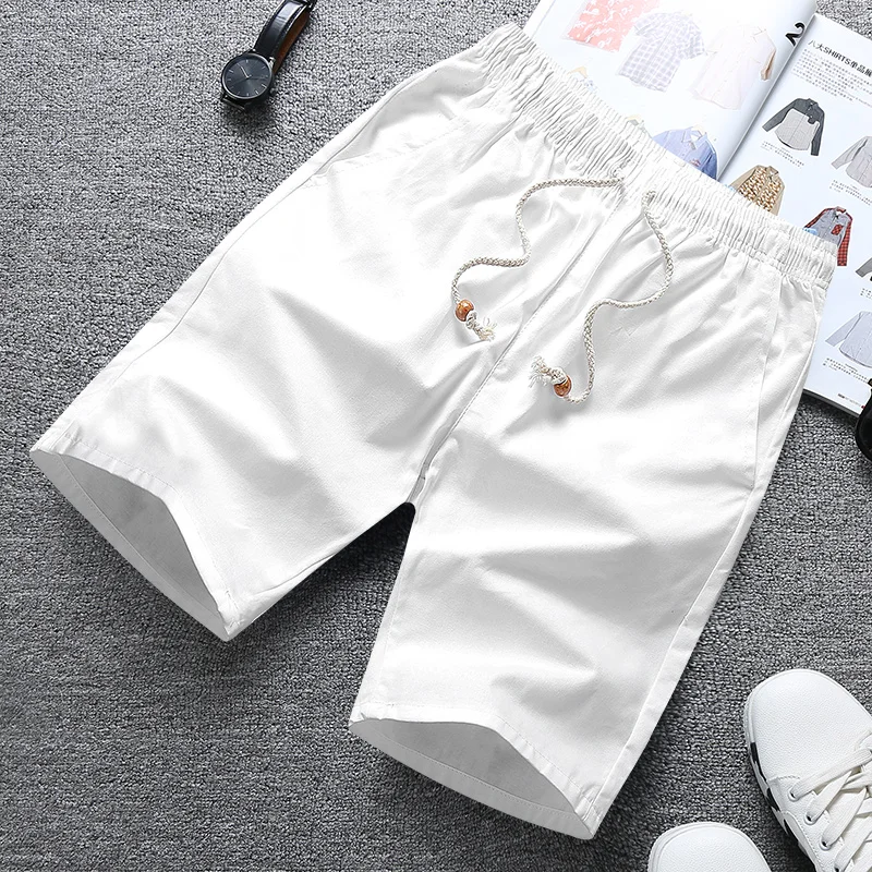 Cotton Shorts Men Summer Solid Beach Shorts Casual Elastic Waist Bermudas Shorts Fashion Drawstring Black White Board Shorts