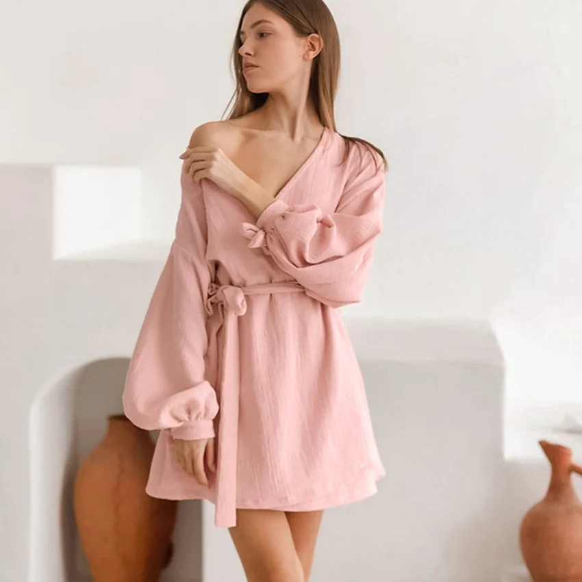 NHKDSASA Cotton Sleepwear Robe Pajamas for Women Linen Loose Bathrobe 2023 Elegant Lace-up Thin Cute Mini Loungewear Vacation