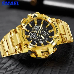 SMAEL Golden Sport Watches for Men Stainless Steel Band Analog Quartz Digital Dual Time Waterproof Luminous Wristwatch Male