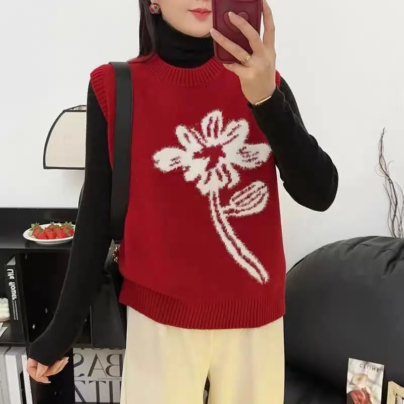 Spring Autumn Women Trendy Flower Jacquard Simple Knitted Sweater Vest Female Vintage O Neck Sleeveless Loose Pullover Waistcoat