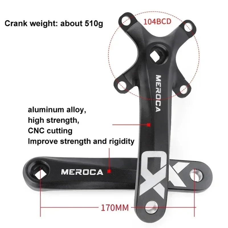 MEROCA Square Taper Crankset Monoplate for Mtb Cranks 104 Bcd 32/34/36/38/40/42T Connecting Rods Mountain Bike Crank Arms 170mm