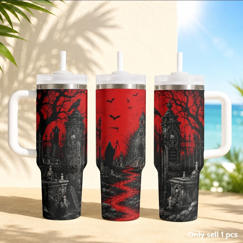 Dark Cemetery Ghosts Vacuum Flasks 40oz Stainless Steel Insulated Tumbler with Handle & Straw Leakproof Travel Mug