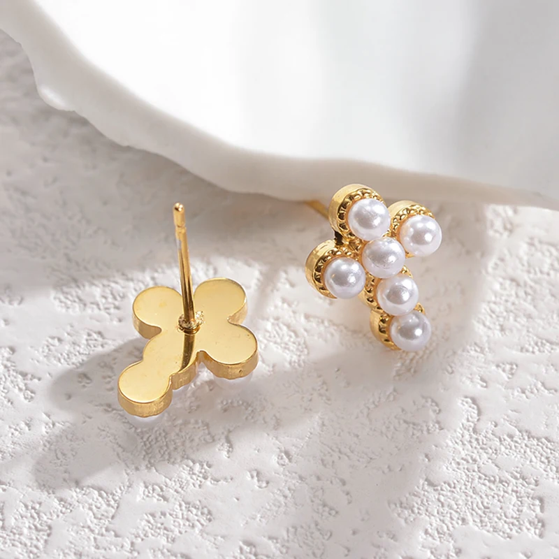 Letdiffery Fashion Cross Earrings for Women Stainless Steel Delicate Crystal Zircon Artifical Pearl Stud Earrings Party Jewelry