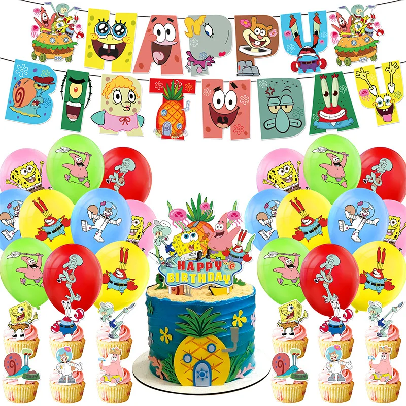 SpongeBob Birthday Party Supply Disposable Banner Cake Topper Hanging Flag SpongeBob SquarePants Balloon Set Birthday Decoration