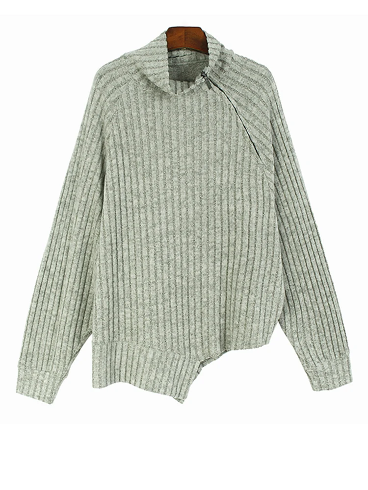 Gray Irregular Big Size Knitting Sweater Turtleneck Long Sleeve Women Pullovers New Fashion Spring Autumn