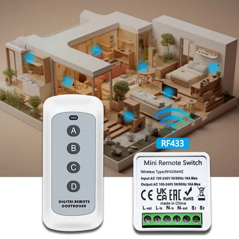 Wireless RF433 Smart Switch Relay Module 1/2/3 Gang Wall Switch 4 Key Mini Remote LED Lamp Fan Smart Lights Controller 110V 220V