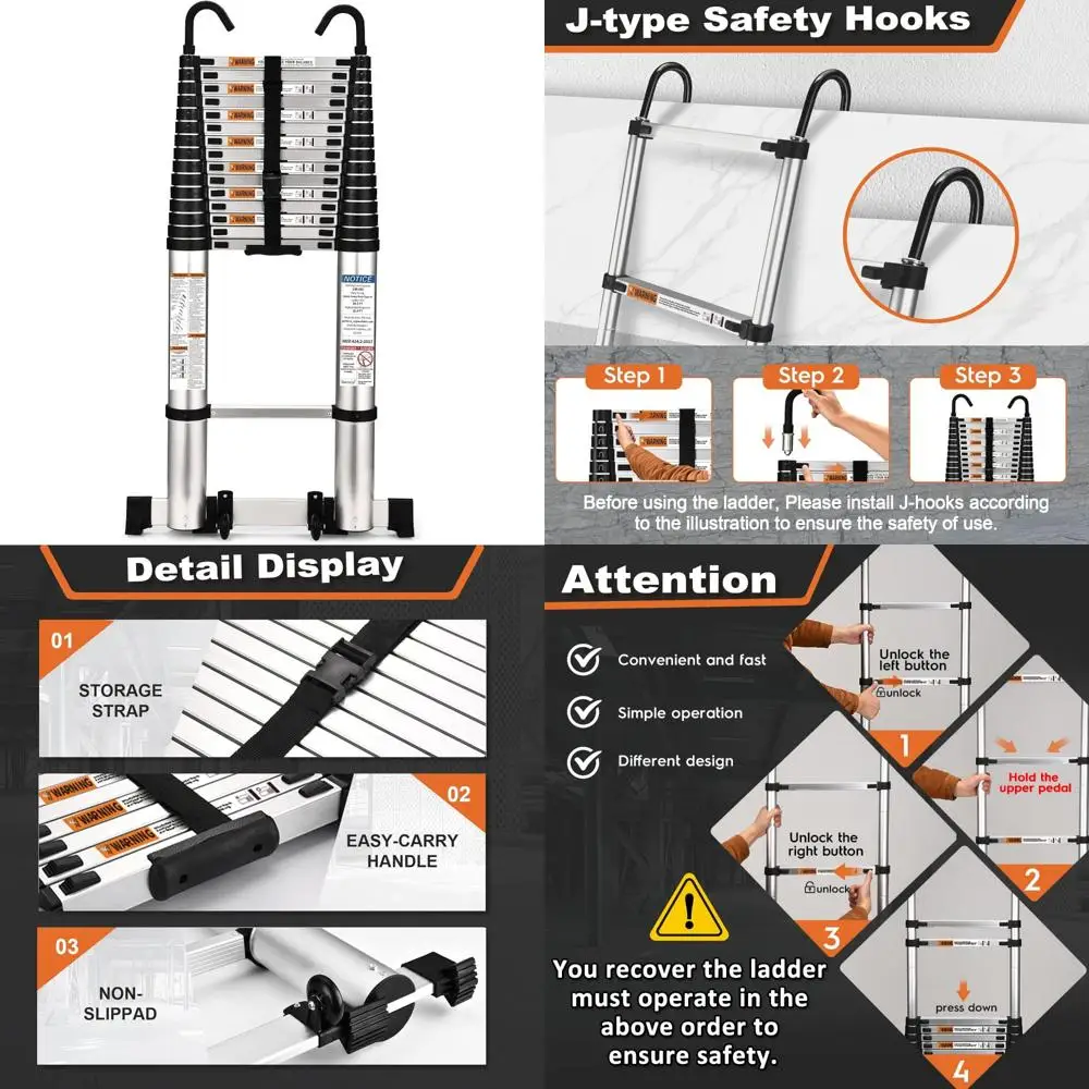 

Aluminum Lightweight Telescoping Ladder 20.3FT with Hook, 2 Triangle Stabilizers, 330lbs Capacity, Heavy Duty Extension Ladder f