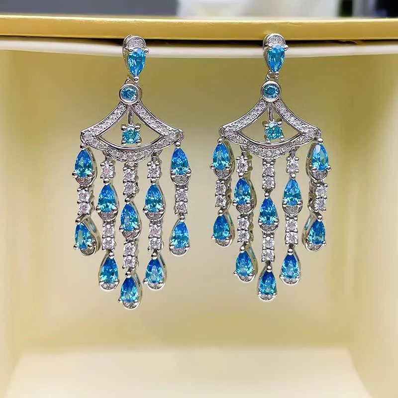 New S925 Silver Earrings Sea Blue Charm Series Earrings Full Set 3*5 Drop Earrings 5A Zircon Factory Direct Sales