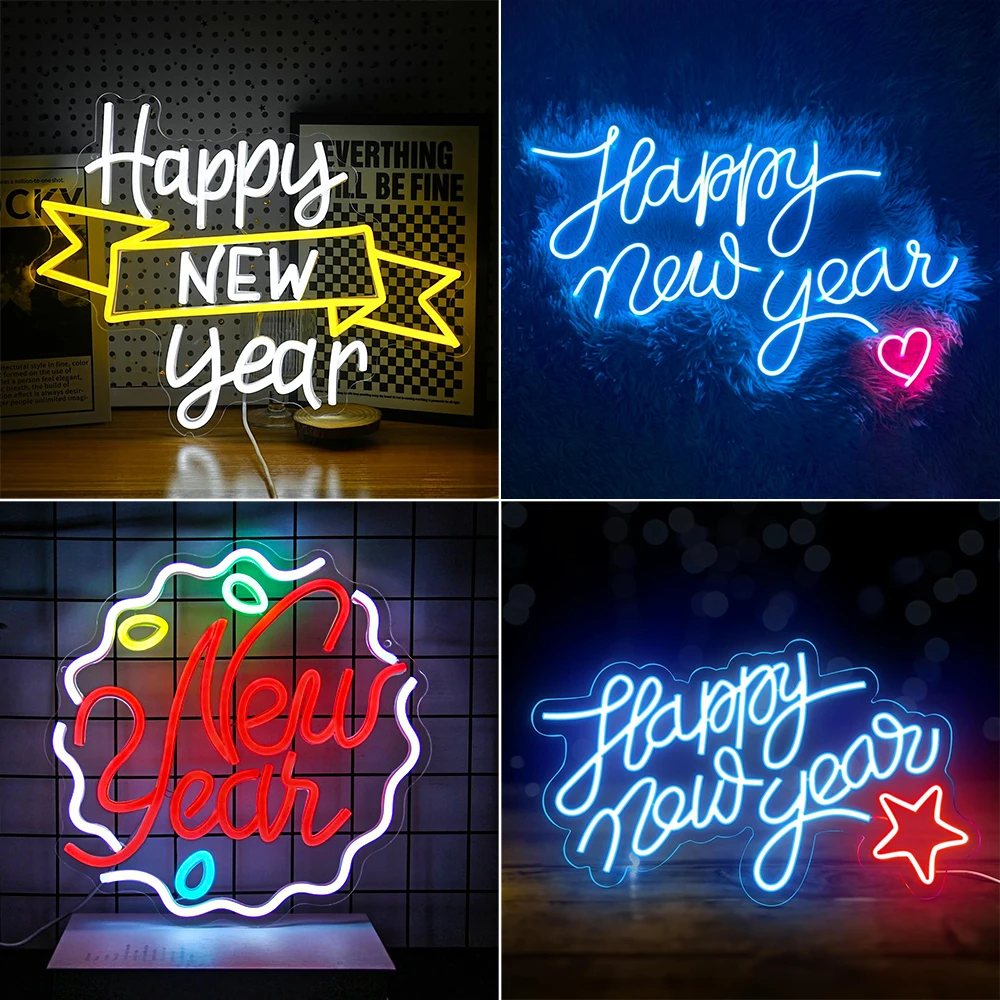 

Happy New Year Neon Signs Colorful Led Lights Dimmable USB Lamp Room Decoration Xmas Party Home Bar Club Shop Wall Light Up Sign