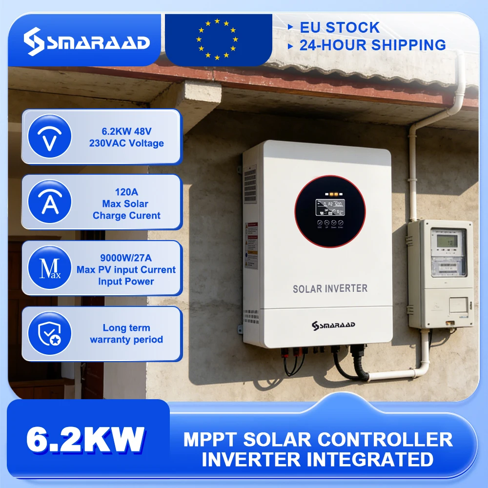 EU-Versand 6,2KW MPPT Hybrid-Solarwechselrichter 48V PV-Leistung 6500W Netzunabhängig Eingebauter Solar-Laderegler 120A Reine Sinuswelle