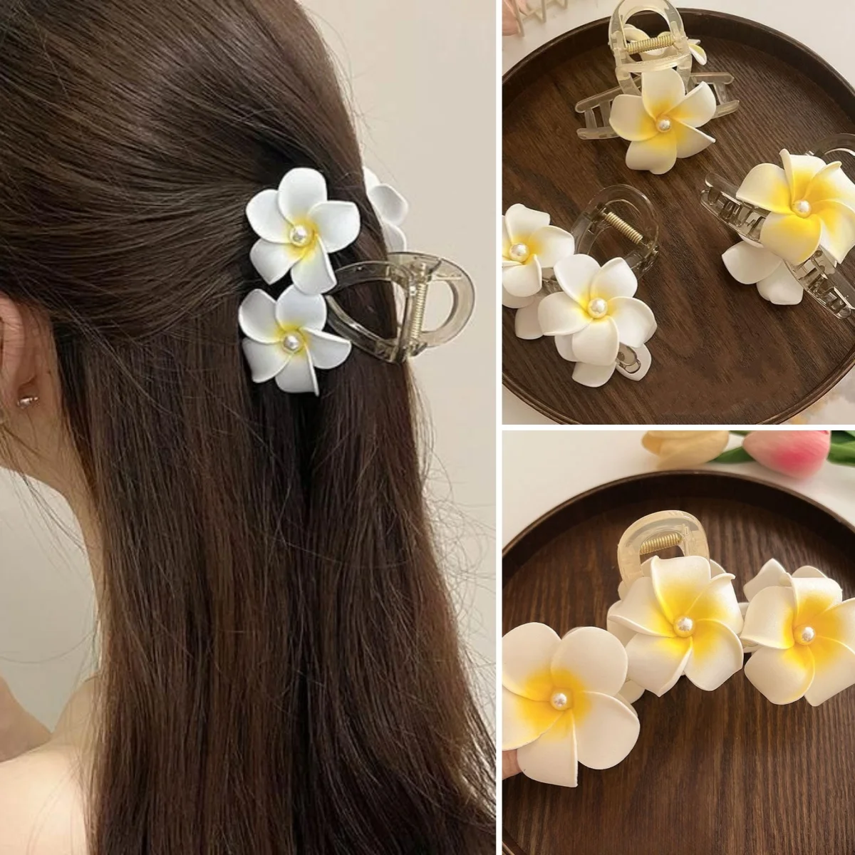 New Yellow Gradient Flower Large Hair Claws Clip for Women Girls Sweet Delicate Hairpins Beach Hawaiian Style Hair Accessories