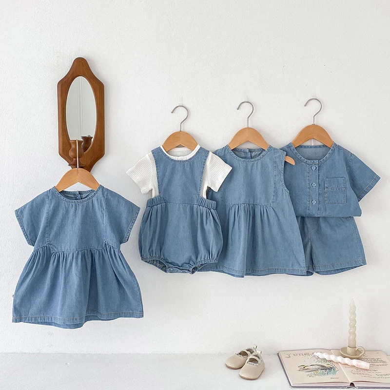 2024 New Summer Kids Clothing Set Infant Baby Romper Kids Princess Dresses Sleeveless Solid Color Denim Sister Clothing