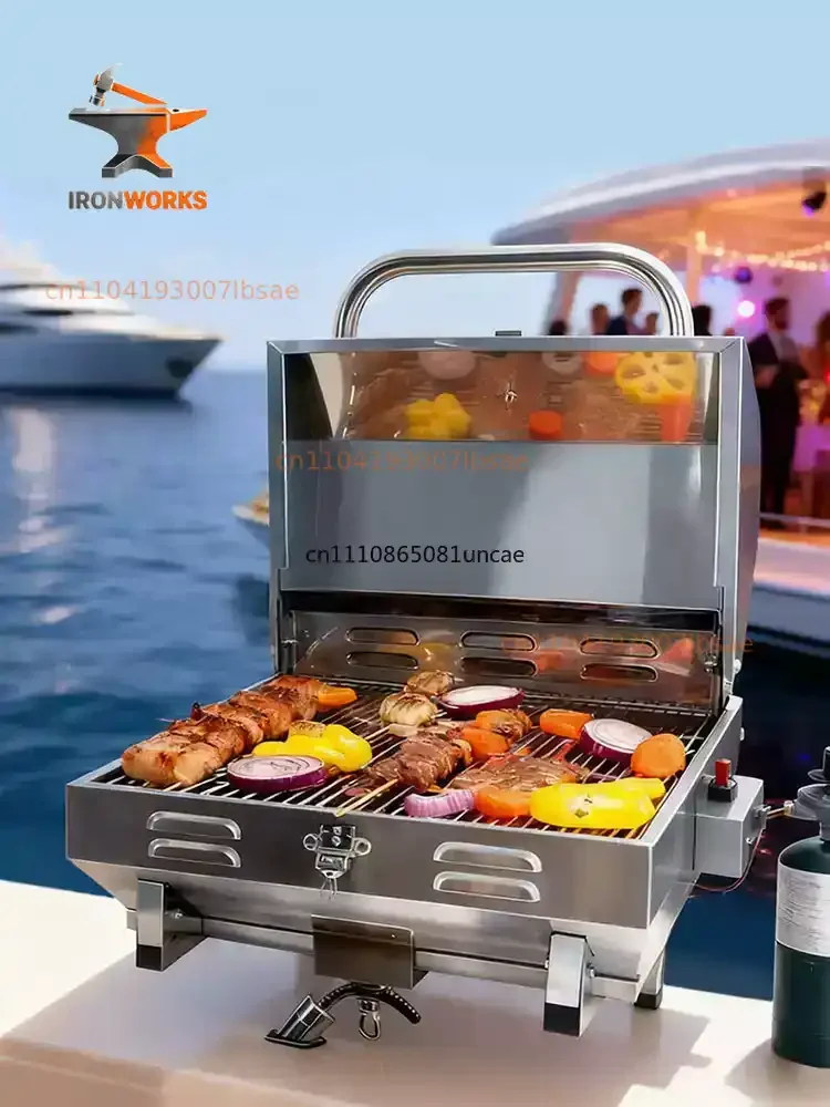 Marine Adjustable Boat BBQ Grill with Inclined Bracket Mount - Propane Gas Grill Boat Accessories