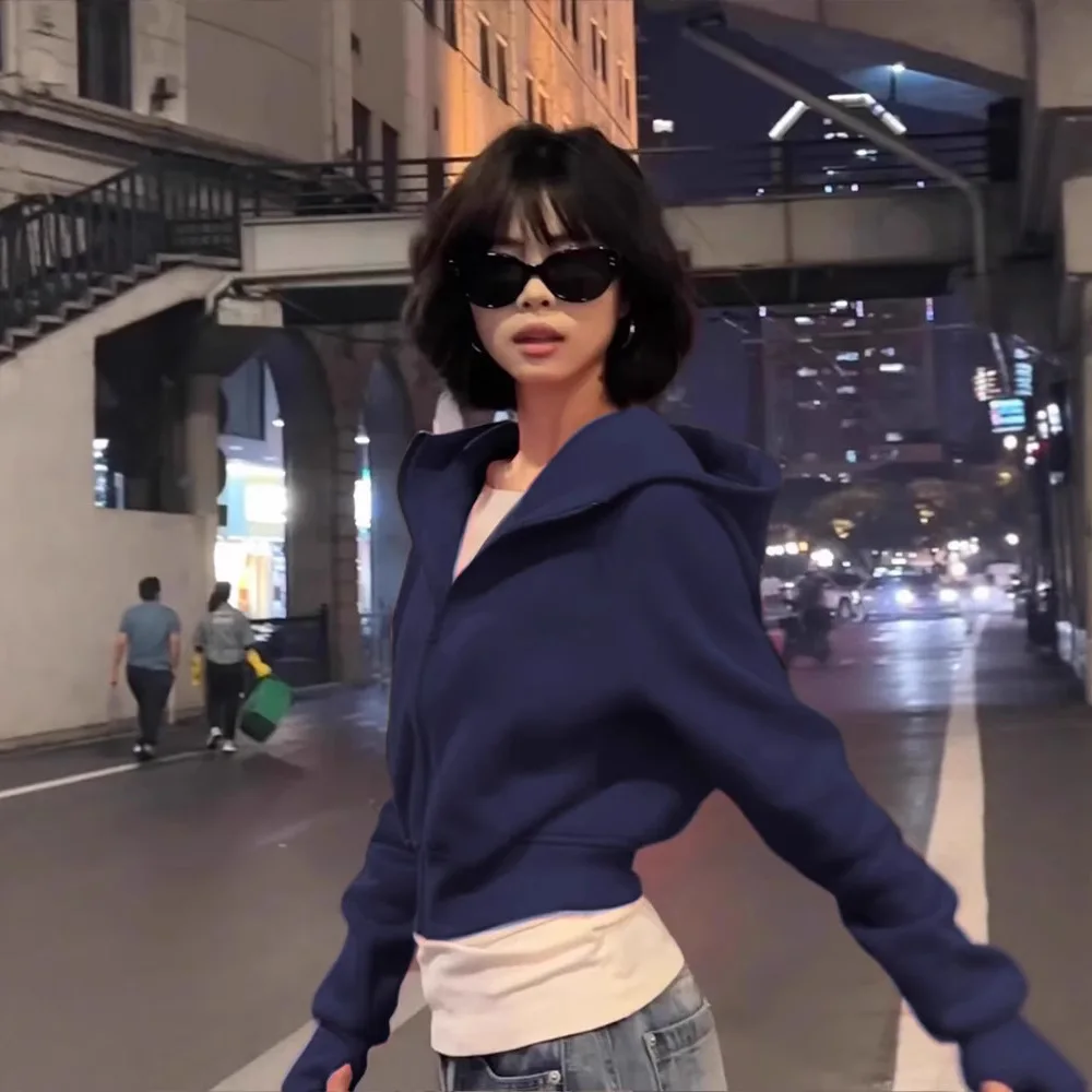 2026 Women Cropped Hooded Zip Up Sweatshirt Autumn Korean Slim Fit Sports Cardigan Jacket Fashion Ladies Long Sleeve Hoodie Top