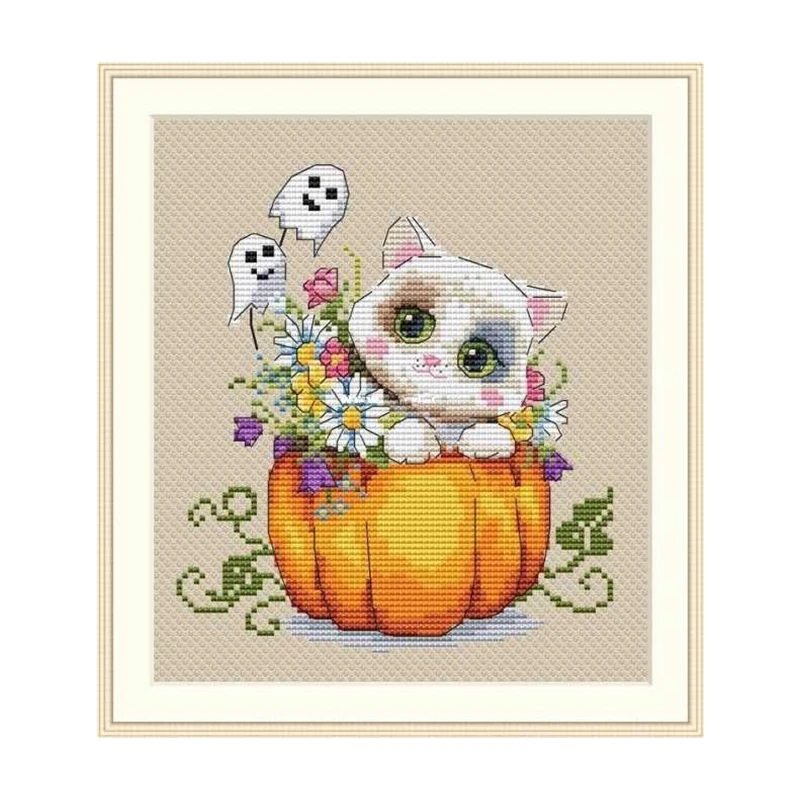 

Cross-stitch set, cute cartoon pumpkin cat, 28ct, 18ct, 14ct, 11ct embroidery fabric, hand embroidery material package