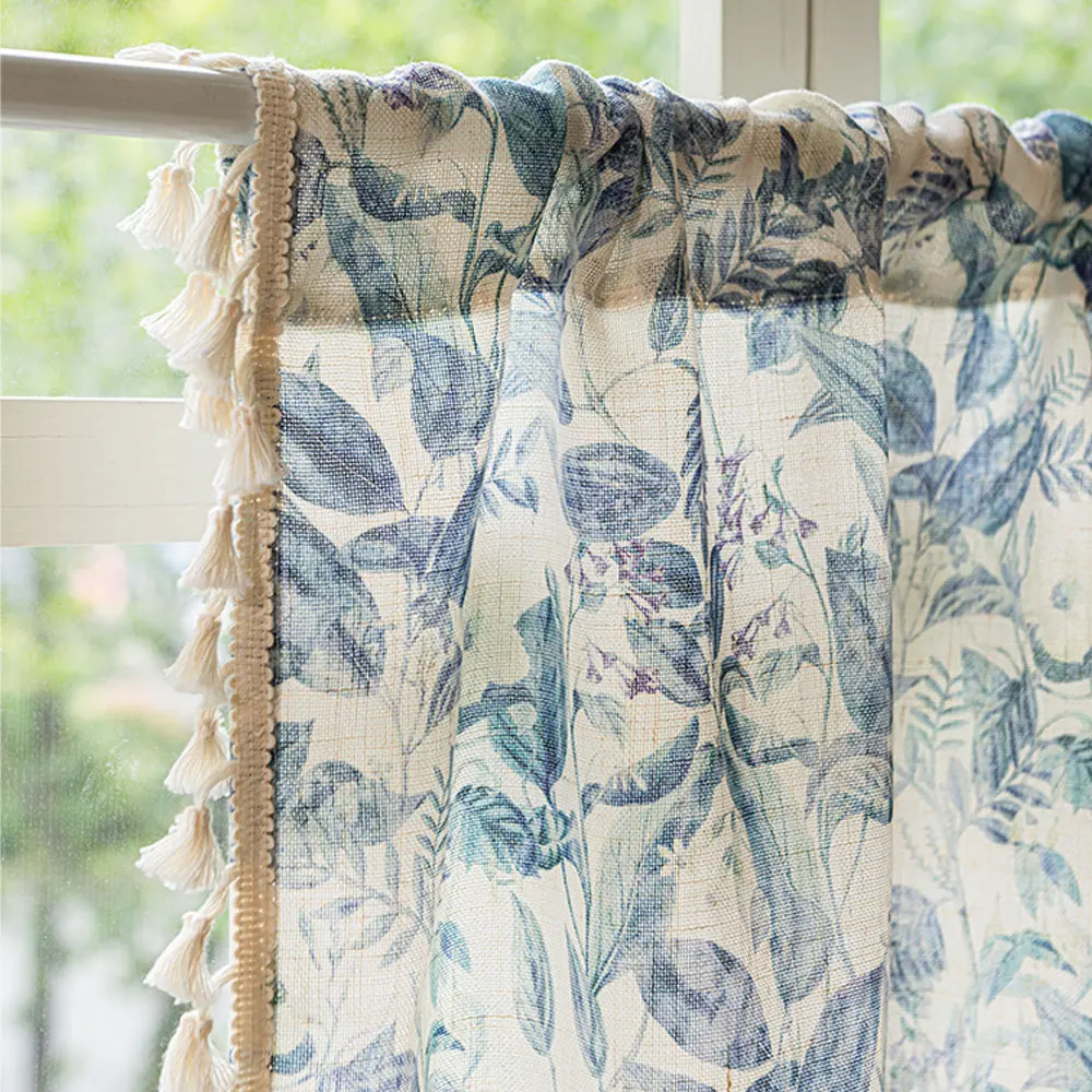 1pc Cotton Linen Half Curtain, Coffee Curtain, Semi-Transparent Printed Kitchen Short Curtain, Decorative Curtains with Fringe T