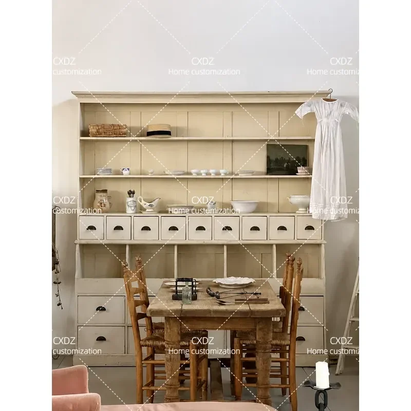 Medieval solid wood ivory white side cabinet retro old dining chair cafe locker storage display locker