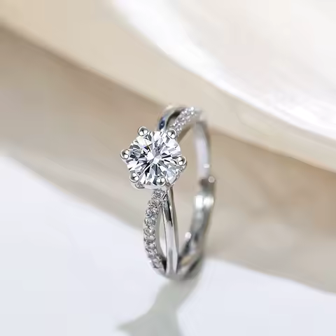 Classic 4-Prong Solitaire Ring with Micro-Pav&eacute; Accent Stones &amp; Crisscross Band - 925 Silver Plated White Gold Engagement Promise