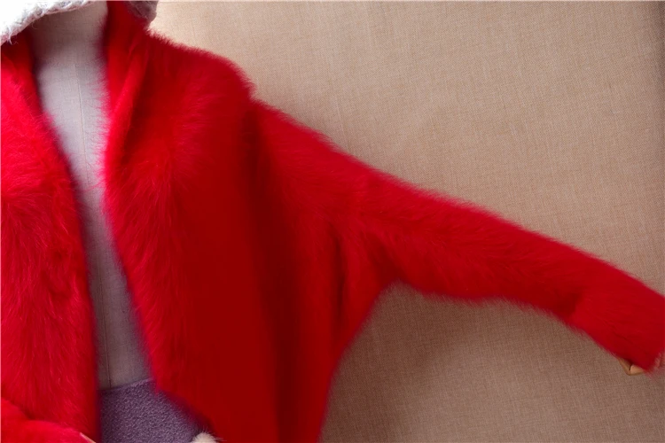 Female Women Fashion Red Hairy Plush Mink Cashmere Knitted Long Sleeves Loose Cardigans Mantle Angora Fur Sweater Jacket Pull