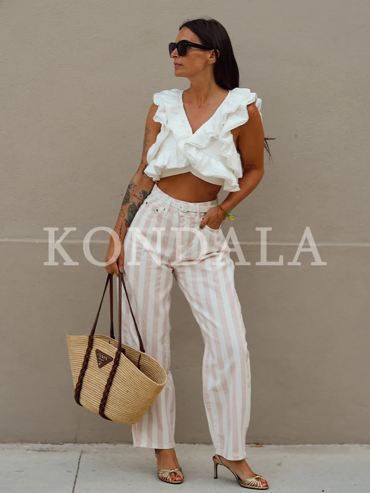 KONDALA Damen Trendige Lässige Gestreifte Jeanshose 2026 Sommer Frühherbst Mode Elegante Schicke Hose Pendler-Damenhose mit Taschen – Detail 2