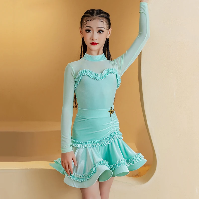 2024 New Latin Dance Professional Dress Children'S Samba Ballroom Dance Competition Costume Girls Long Sleeves Dresses SL10991