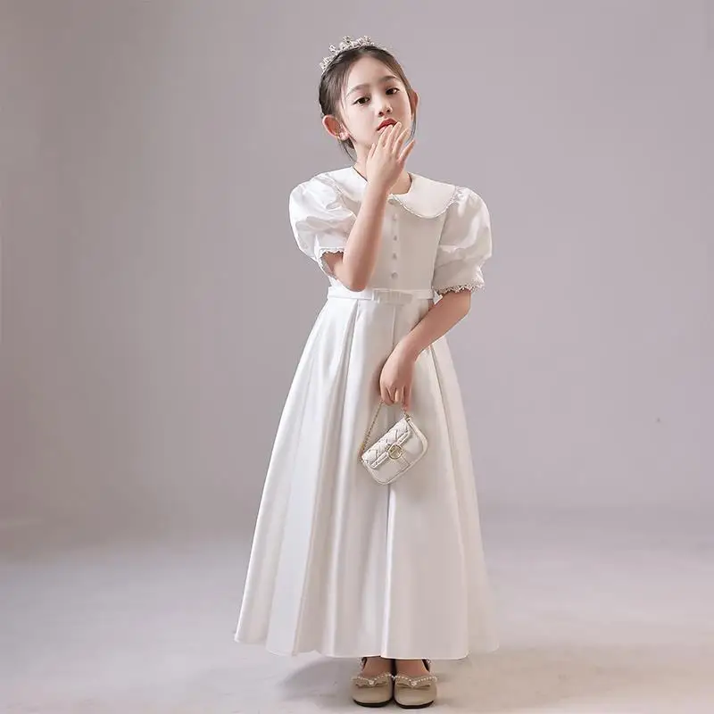 Girls White Satin Evening Dress Princess Wedding Dresses Party Kids Costume Ball Gown Prom Children Clothing