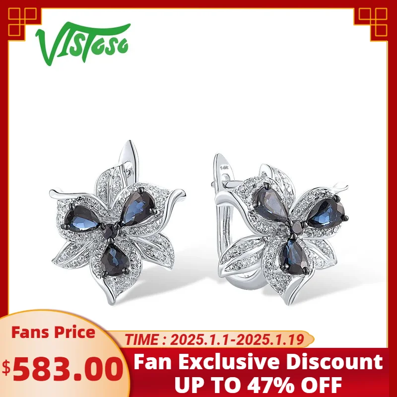 VISTOSO 14K 585 White Gold Earrings For Women Sparkling Blue Sapphire Diamond Trendy Flower Wedding Gifts Fine Jewelry