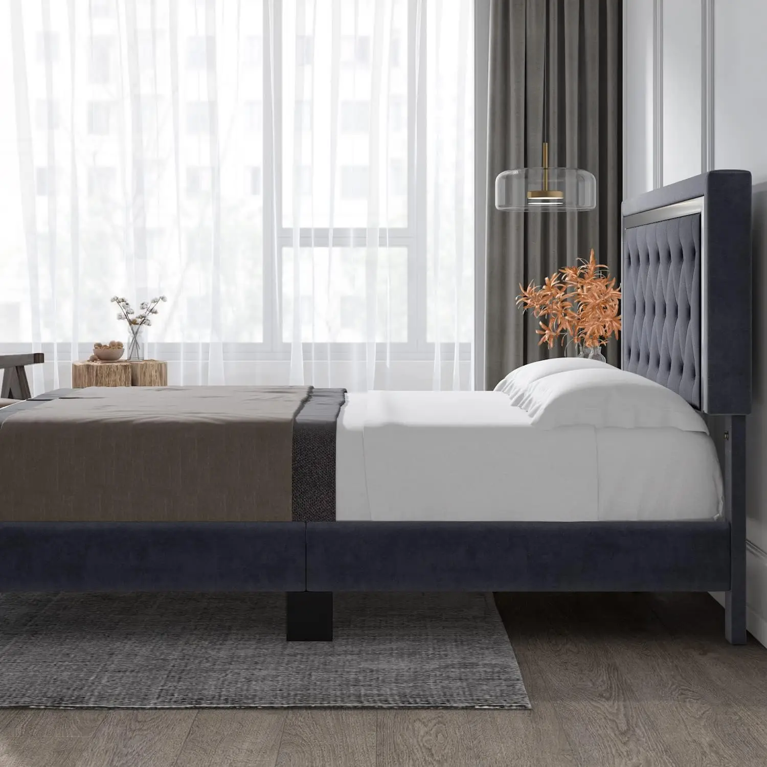 Volledig Bedframe, Gestoffeerd Platform Bedframe Met Modern Verstelbaar Hoofdeinde, Diamanten Getufte Matrasfundering Met Houten