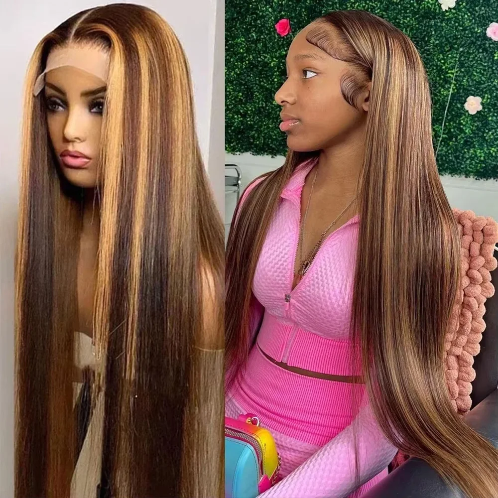 4/27 13x6 HD Transparent Lace Highlight Wig Human Hair Honey Blonde Colored Straight Wig 200 Density 36 Inch Wig For Women