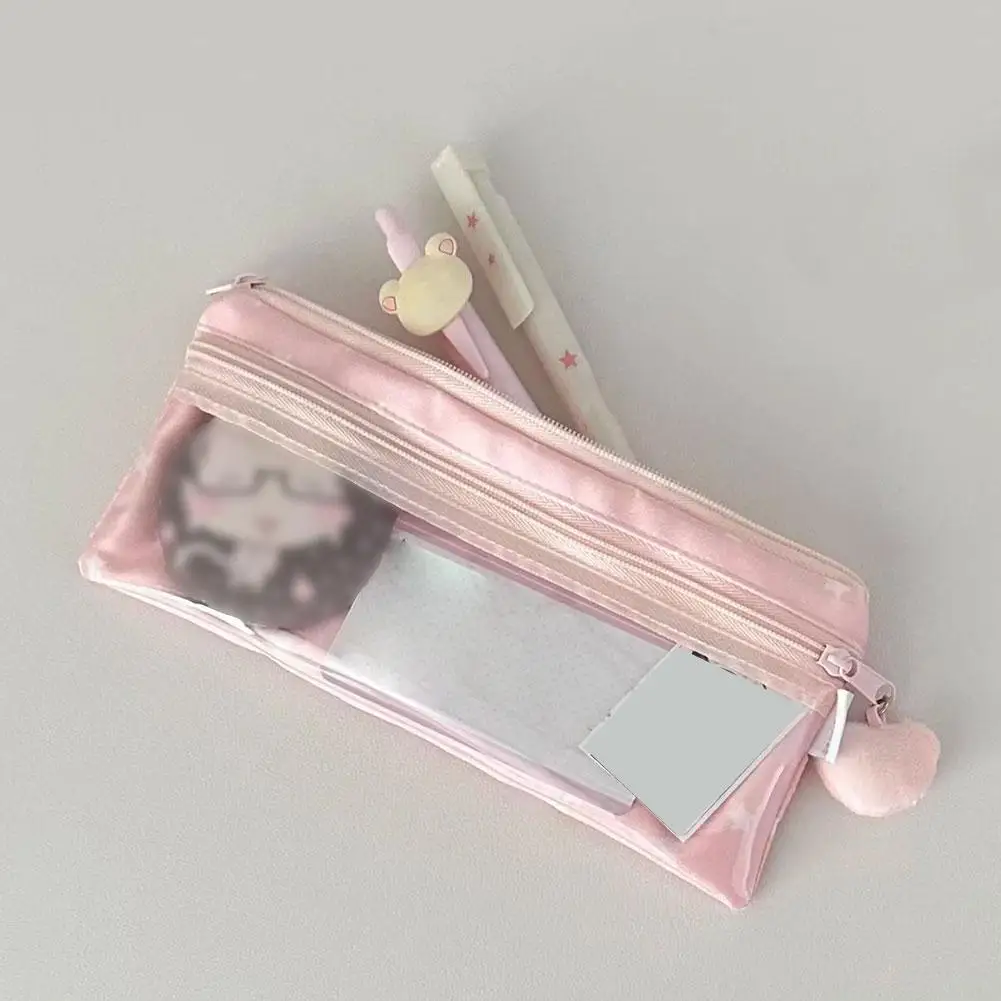 Pink Pen Bag Cute Cartoon Star Rabbit Pattern Plush Large Capacity Pencil Case Zipper Design Stationery Storing Bag Students