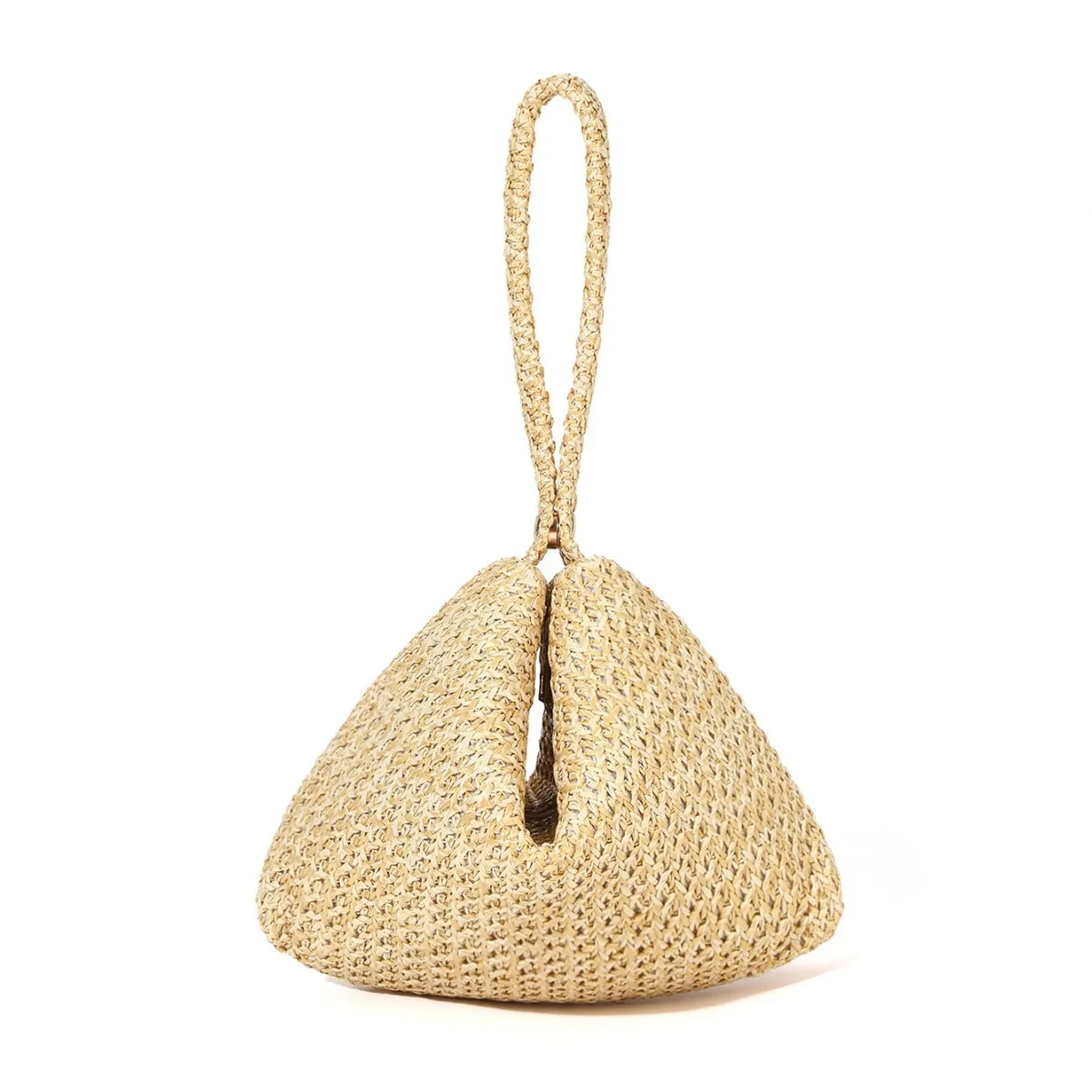 Niche Design Triangle Straw Handbag for Women Gold Stud Decor Woven Clutch Magnetic Snap Summer Beach Portable Wrist Bag Ladies