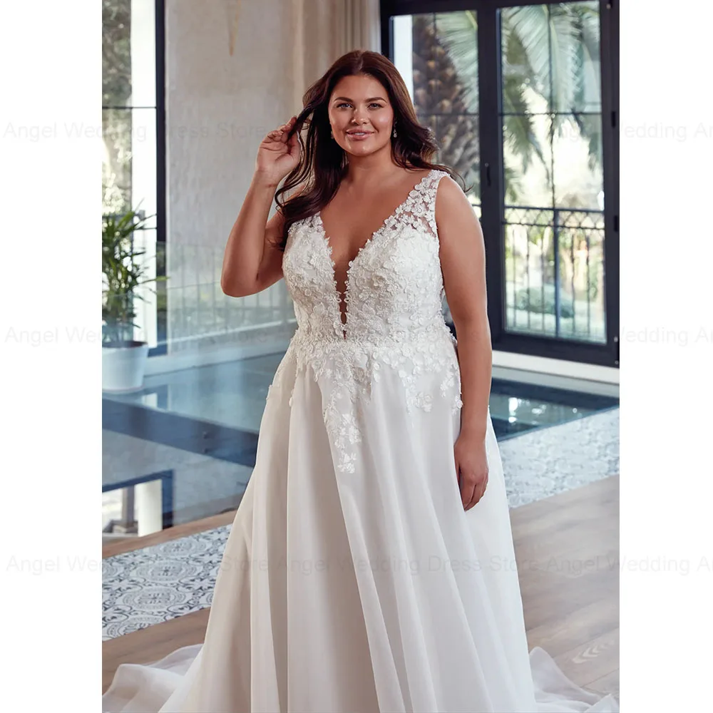 ANGEL Sexy Plus Size Wedding Dresses 2024 A-Line Deep V-Neck Long Bridal Gowns Backless Lace Appliques Zipper Vestidos de Novia