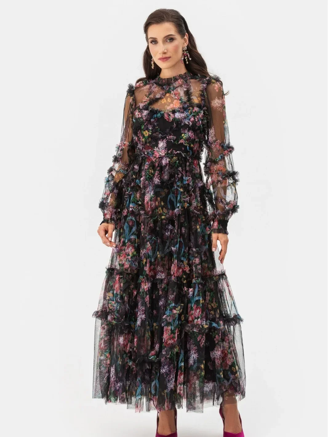 

Fashion Designer Spring Women's Dresses Puff Sleeve Floral Print Ruched Office Lady Style Party A-Line Empire Dress Elegant Chic