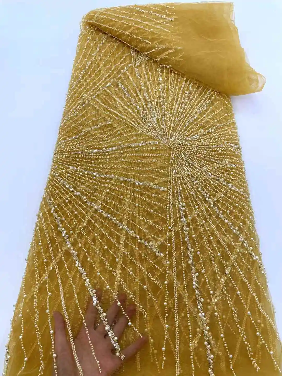 

Beautiful Nigerian Sequins Party Lace African Beads Lace Fabric 2025 High Quality 5Yards African French Tulle Net Lace Wedding