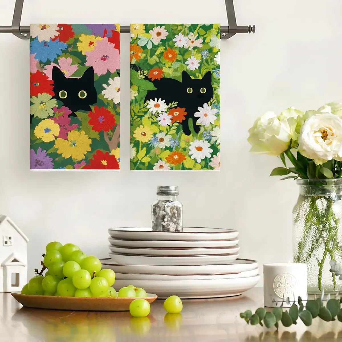 2Pcs, Floral Cat Kitchen Towels, 40Cm*60Cm Towel Set, Best Kitchen Towels, Super Absorbent Soft Cleaning Cloth, Cooking and Baking Tea Towels, Hand Towels, Cleaning Cloths, Dishcloths, Kitchen Decor, Living Room Decorations, Kitchen Essentials, Home Essentials