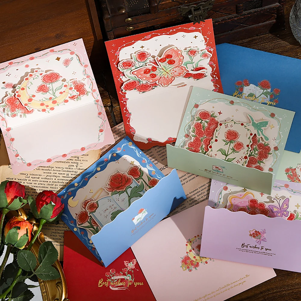 Hot stamping rose three-dimensional greeting card set, individually packaged with envelope, handwritten blessing gift