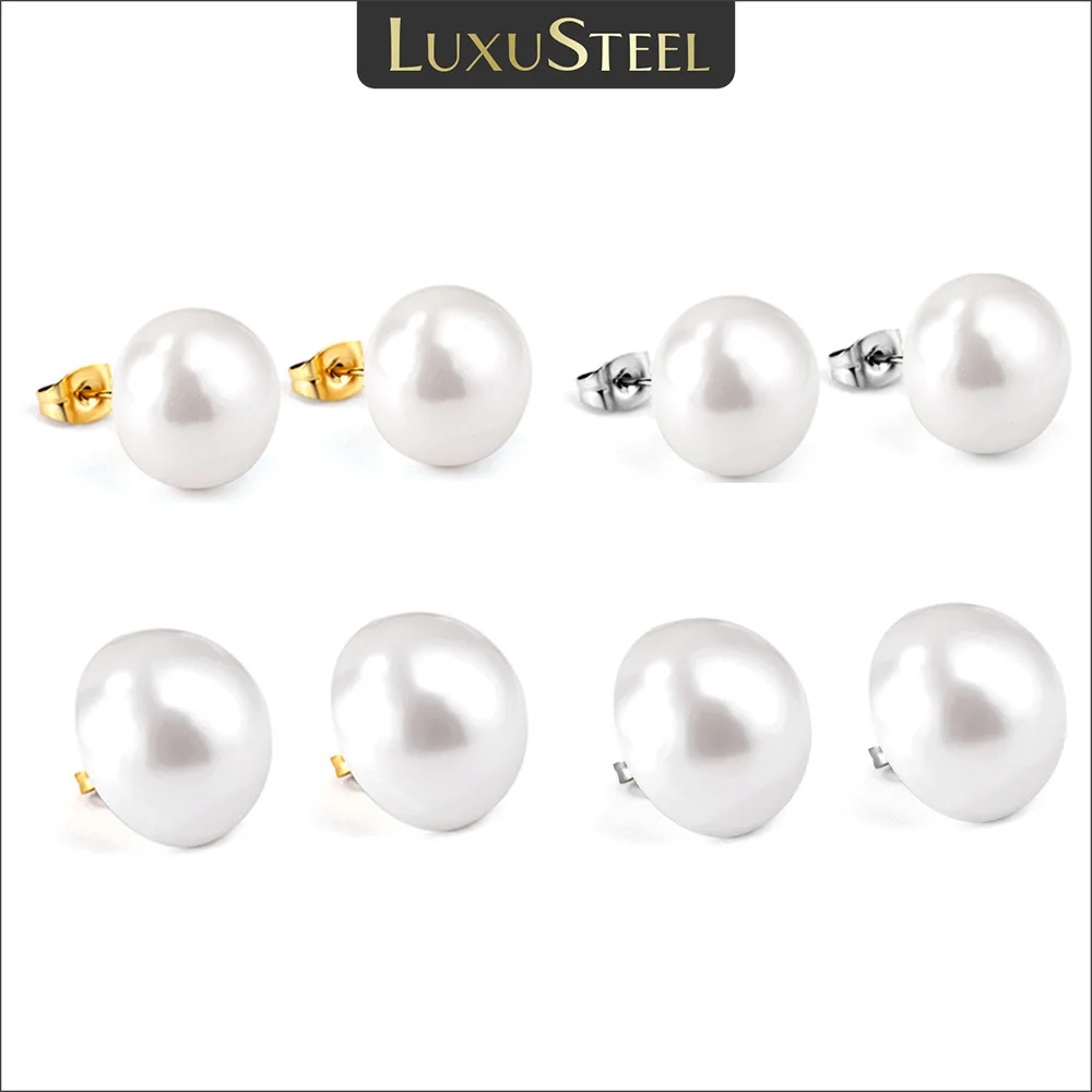 LUXUSTEEL 14/20mm orecchini a bottone con perle d\'imitazione bianche semicircolari per le donne gioielli coreani ipoallergenici con sfera in acciaio