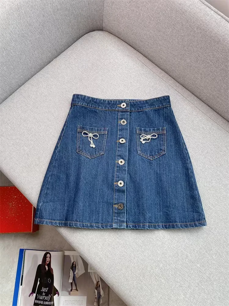 Spring Summer New Fashion Rhinestone Bow Blue Denim Set Women Turn-Down Collar Short Sleeve Shirt or A-Line Mini Skirt Suit 2024