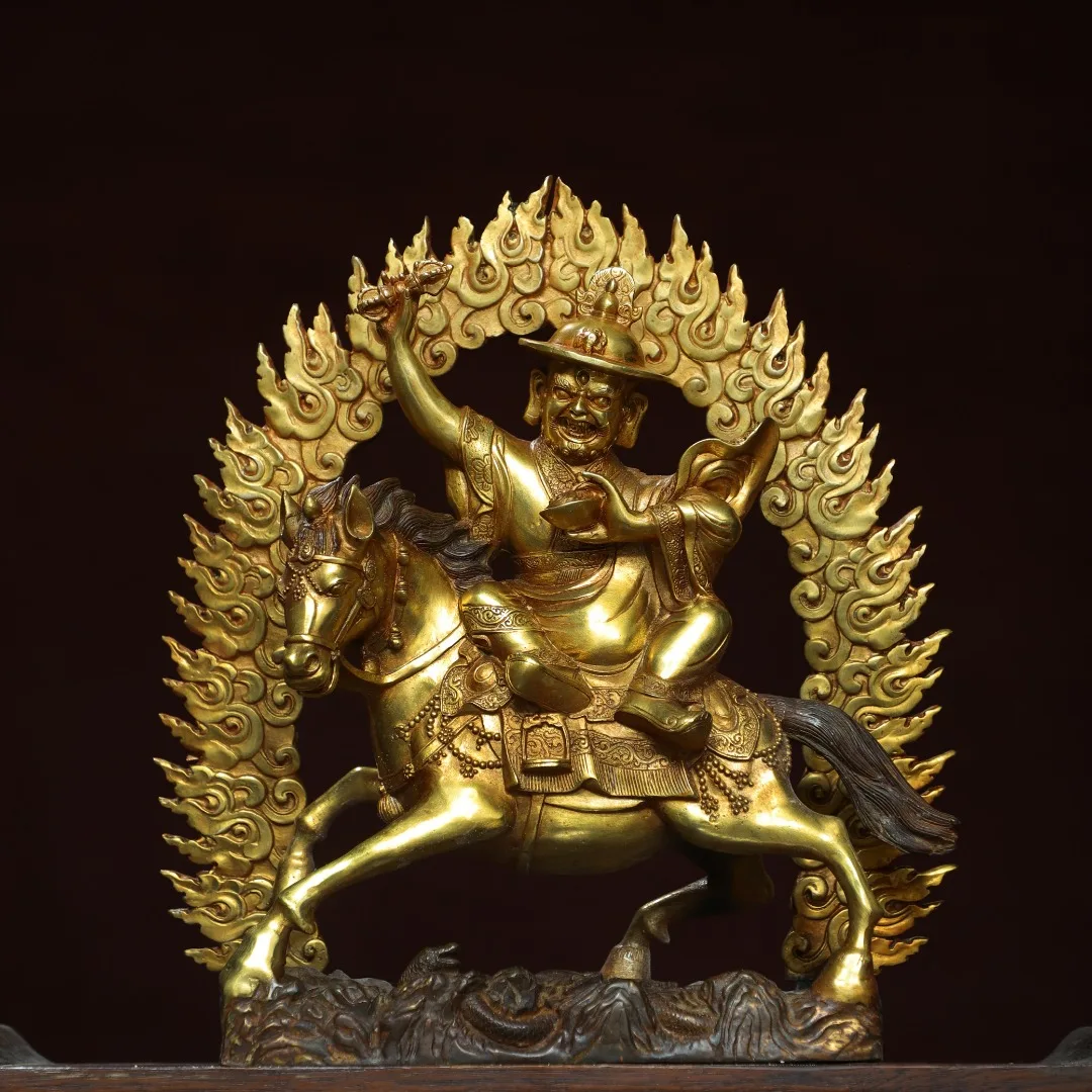 Temple Collection Old Bronze Gilded Cinnabar dorje lekpa Danjian Protector Backlit Sitting Buddha Town house