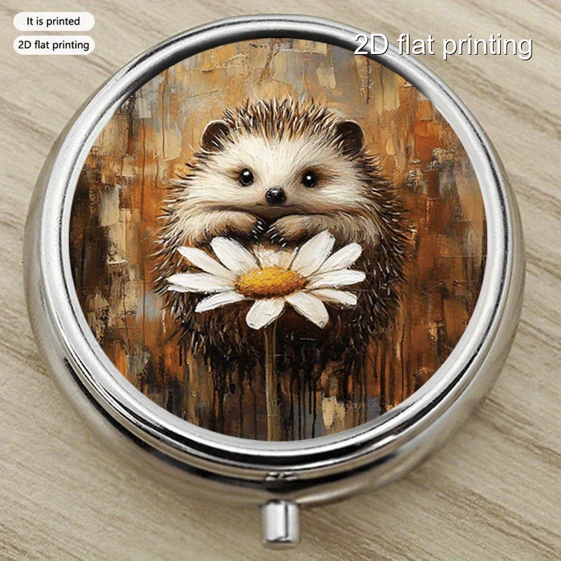 Hedgehog 101 Printed Round Multifunctional Metal Box, Metal Storage Box with 3 Layers, Compact and Portable, Suitable for Outdoor Sports and Travel, Multi-Layer Storage Box for Vitamins, Organizer Box, Small Gift Collection Box, Printed Position May Vary