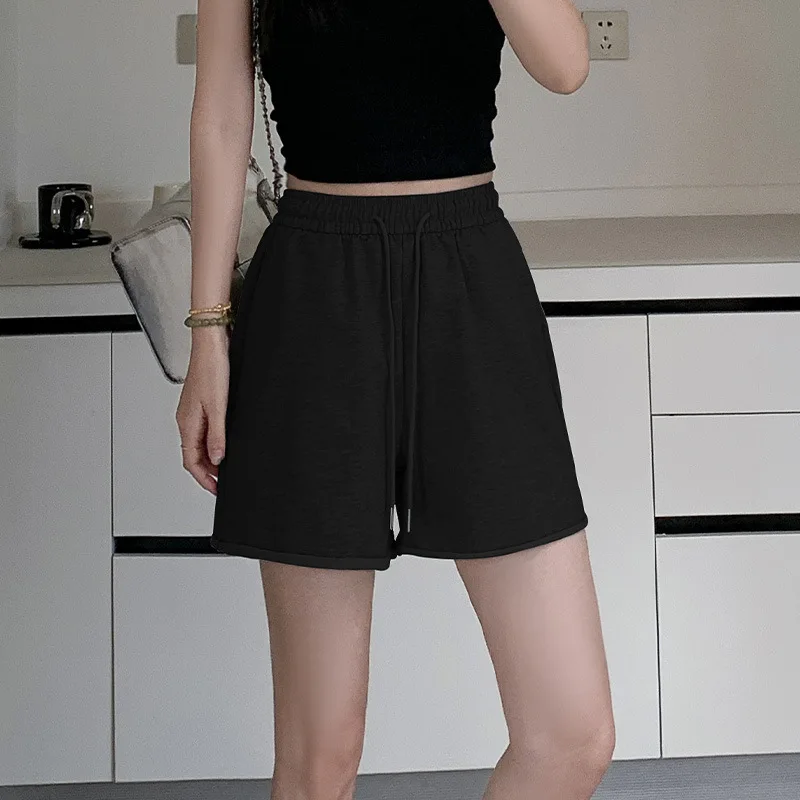 Летние женские повседневные шорты, однотонные женские шорты с широкими штанинами, женские спортивные шорты для бега и фитнеса с эластичной талией