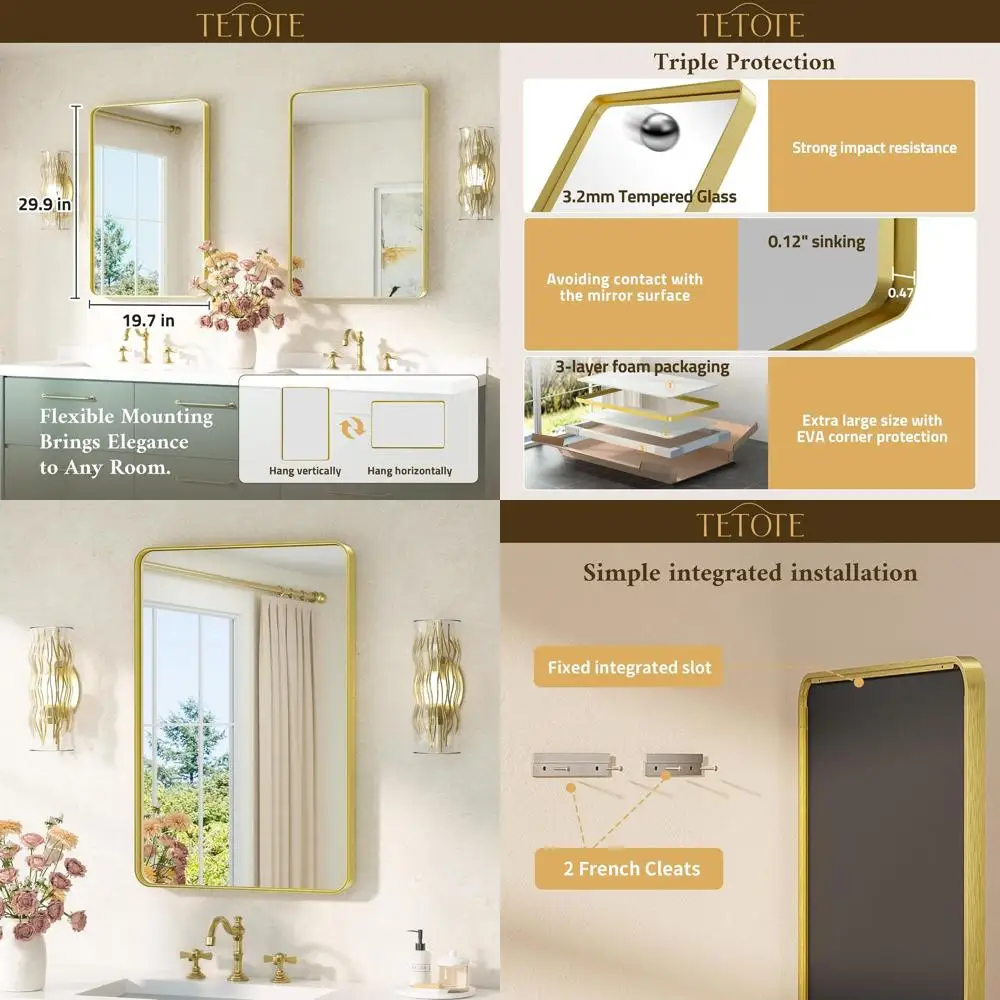 

Настенное зеркало для ванной 20x30 с рамой из матового золота и закаленным стеклом (горизонтальное/вертикальное)