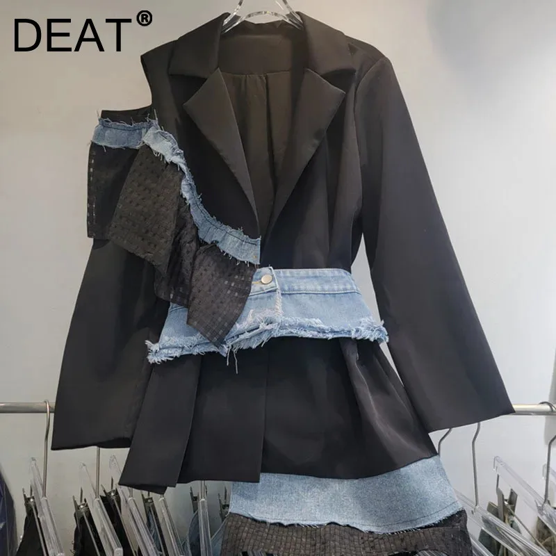 DEAT-Manteau en denim imbibé de patchwork pour femme, blazer irrégulier, épaules dénudées, ceinture, ceinture, nouvelle mode, automne, Chim2024, 29L8328