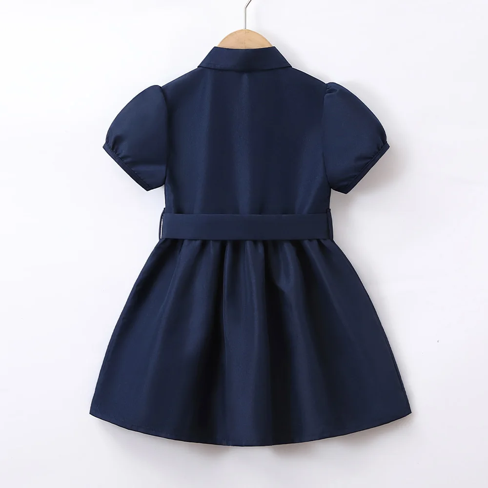 Girls Uniform Lapel Short Sleeve Button Dress Children\'s School Pinafores Clothes Little Lady Flocked Occasion Dress