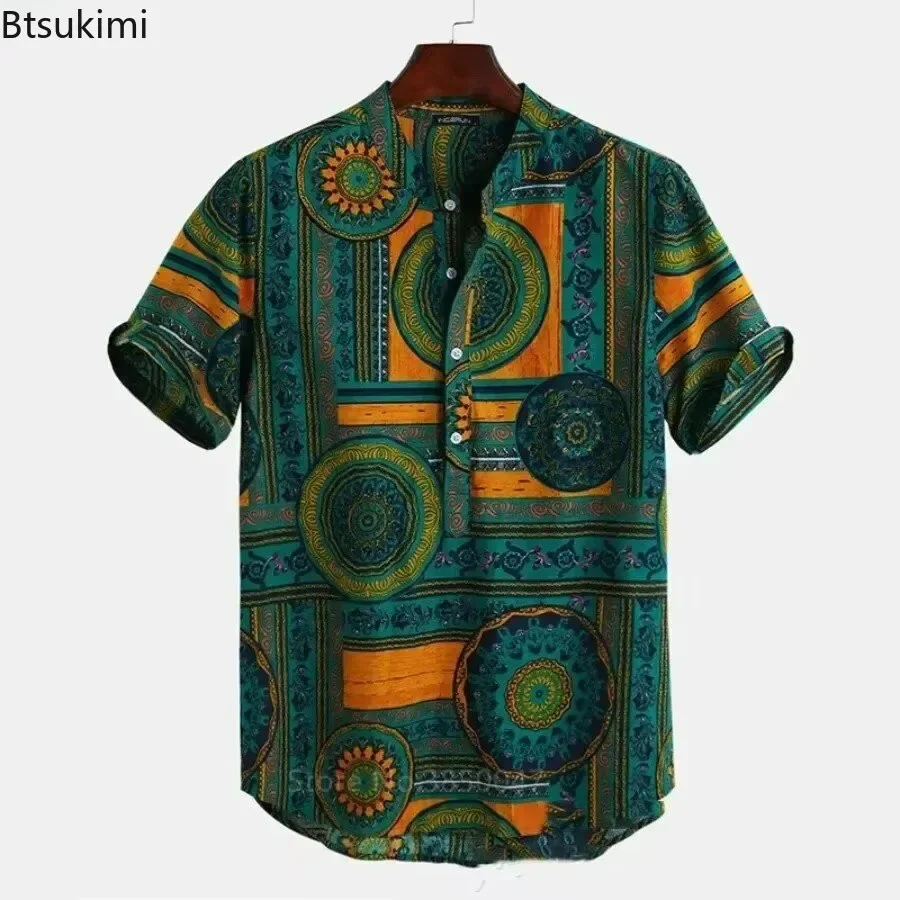 2025 Męskie afrykańskie ubrania Dashiki Print Summer 100% bawełniane koszule Męskie plemienne hip-hopowe etniczne ubrania z krótkim rękawem Topy dla mężczyzn